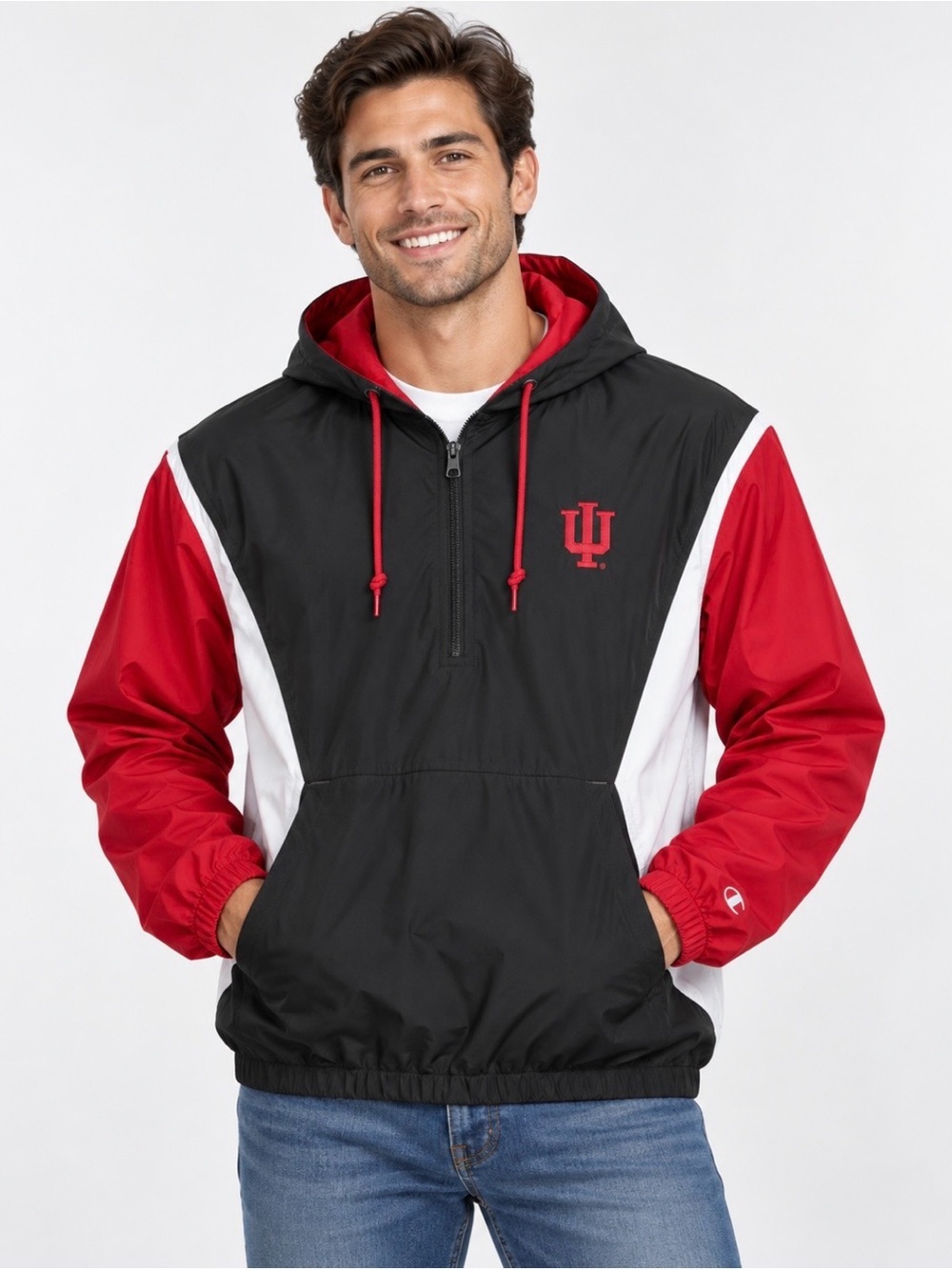 CHAMPION Men’s NCAA Quarter Zip Hooded Windbreaker Indiana U Hoosiers Black/Red